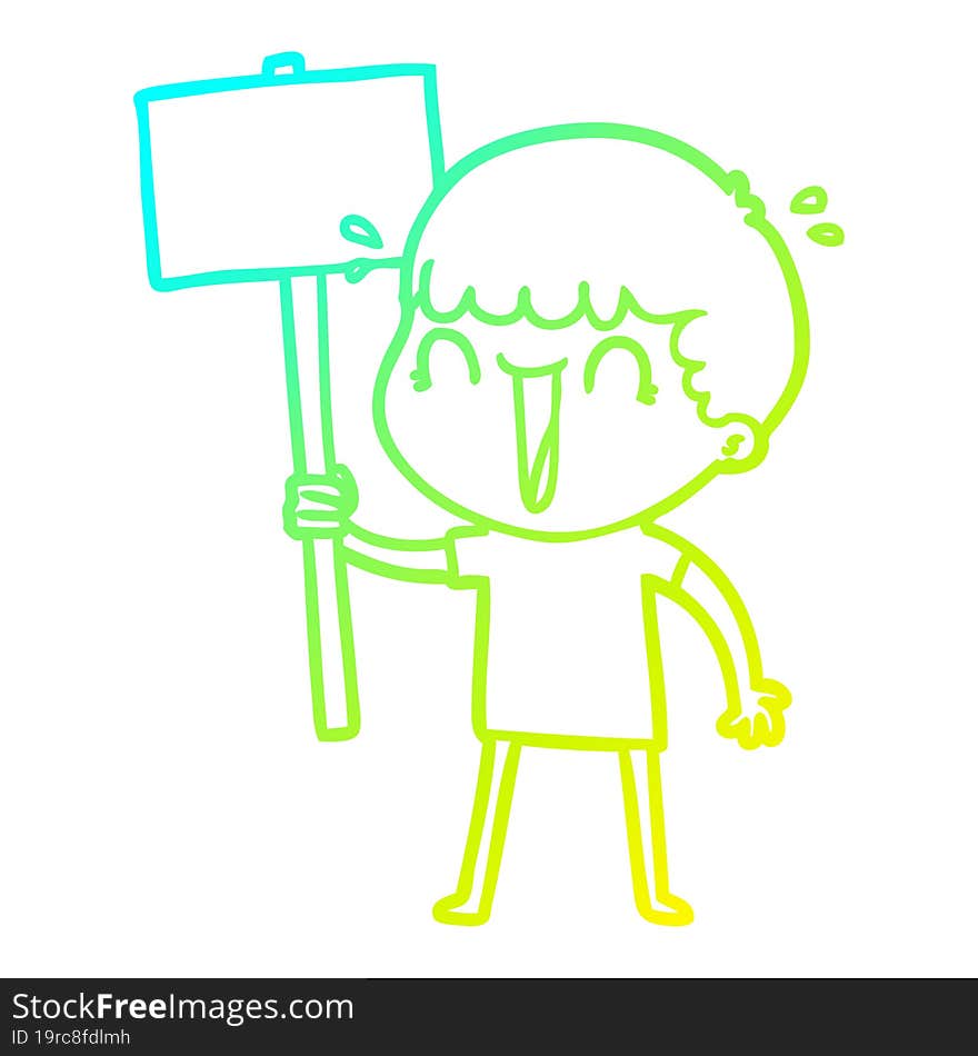 cold gradient line drawing of a laughing cartoon man waving placard