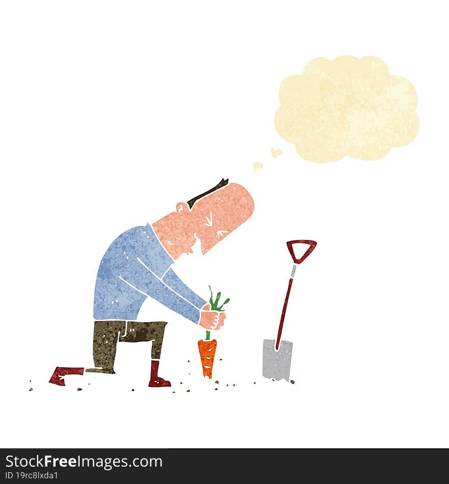 cartoon gardener with thought bubble