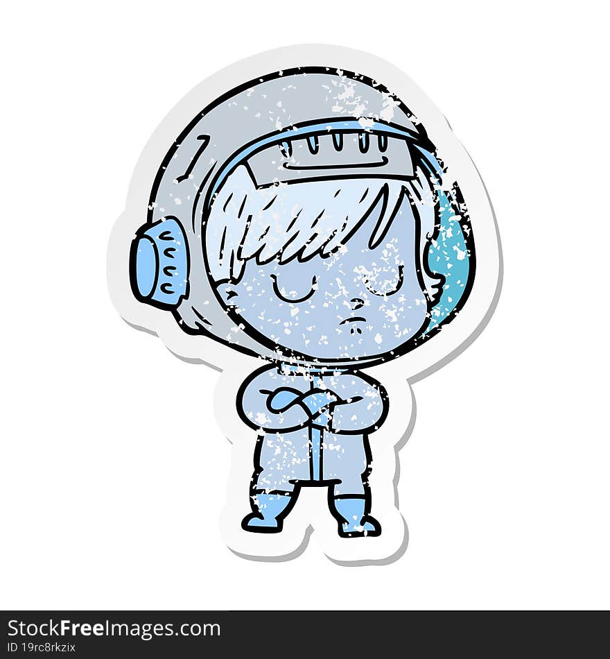 distressed sticker of a cartoon astronaut woman