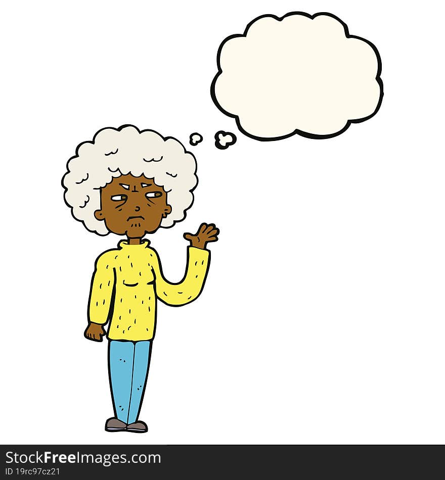 cartoon annoyed old woman waving with thought bubble