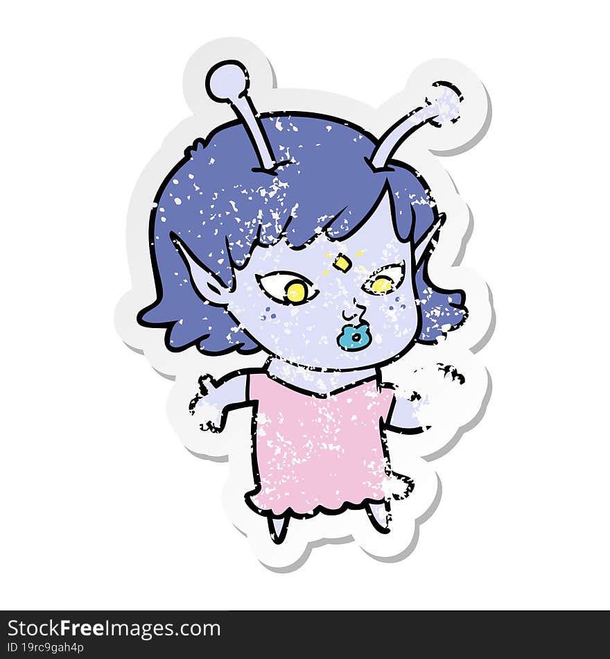 Distressed Sticker Of A Pretty Cartoon Alien Girl