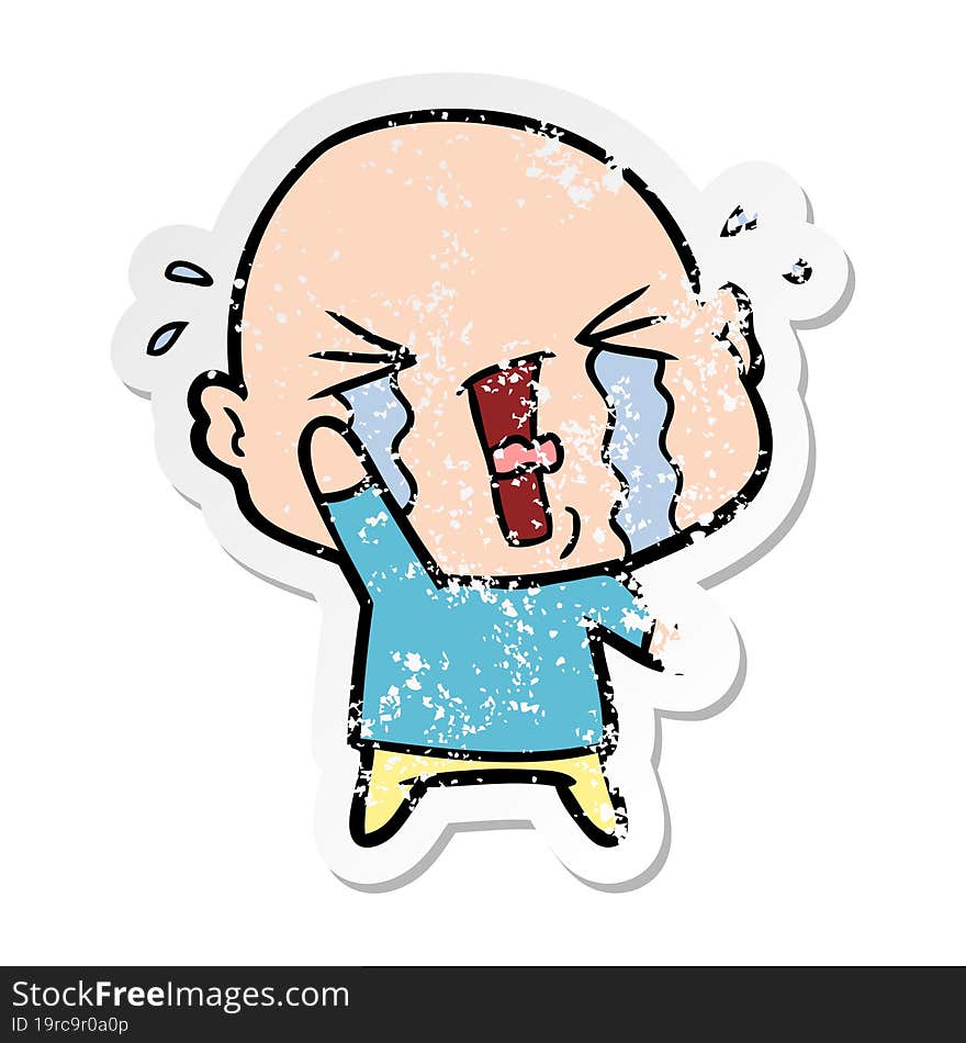 distressed sticker of a cartoon crying bald man