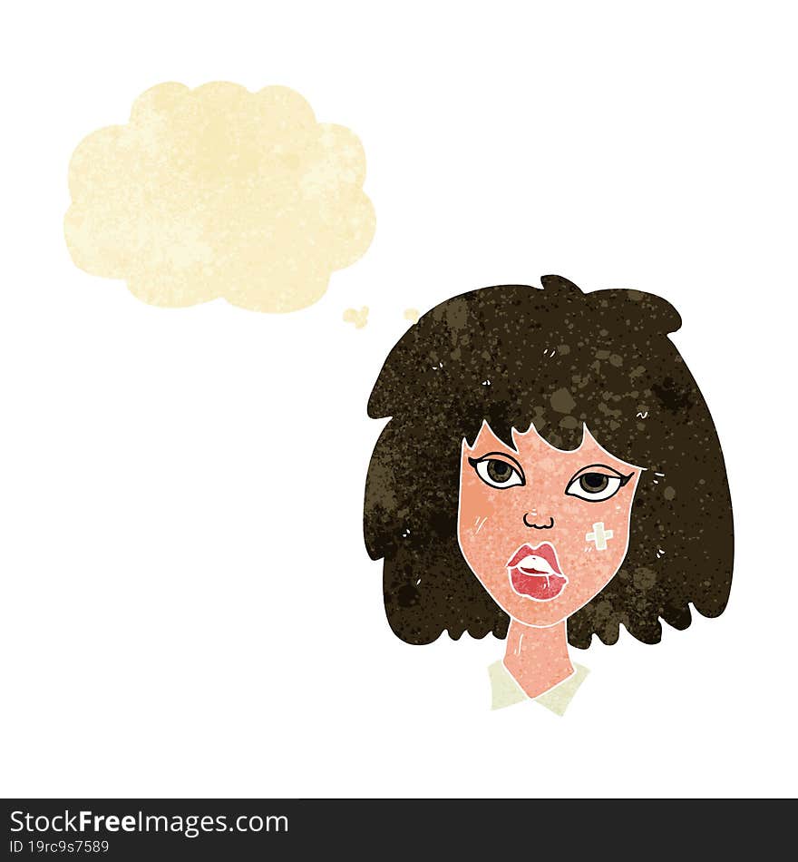 Cartoon Woman With Bruised Face With Thought Bubble