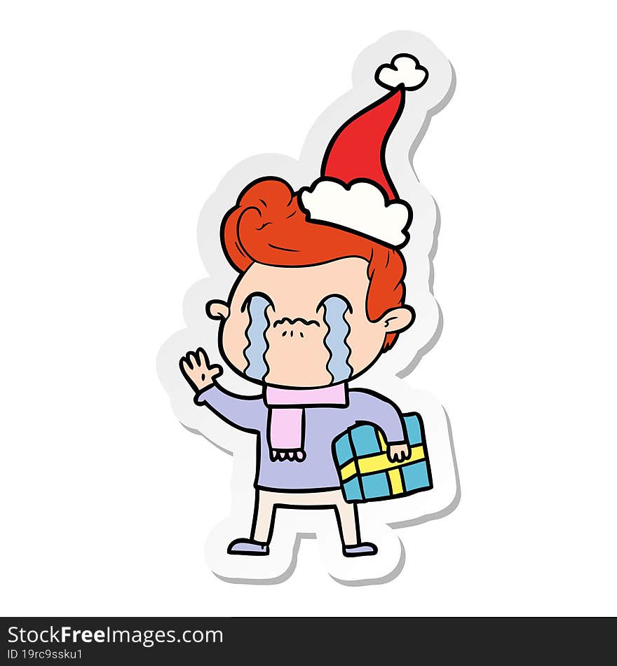 sticker cartoon of a man crying wearing santa hat