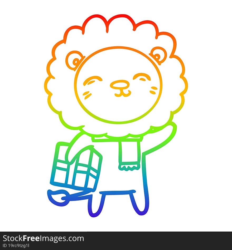 rainbow gradient line drawing of a cartoon lion with christmas present