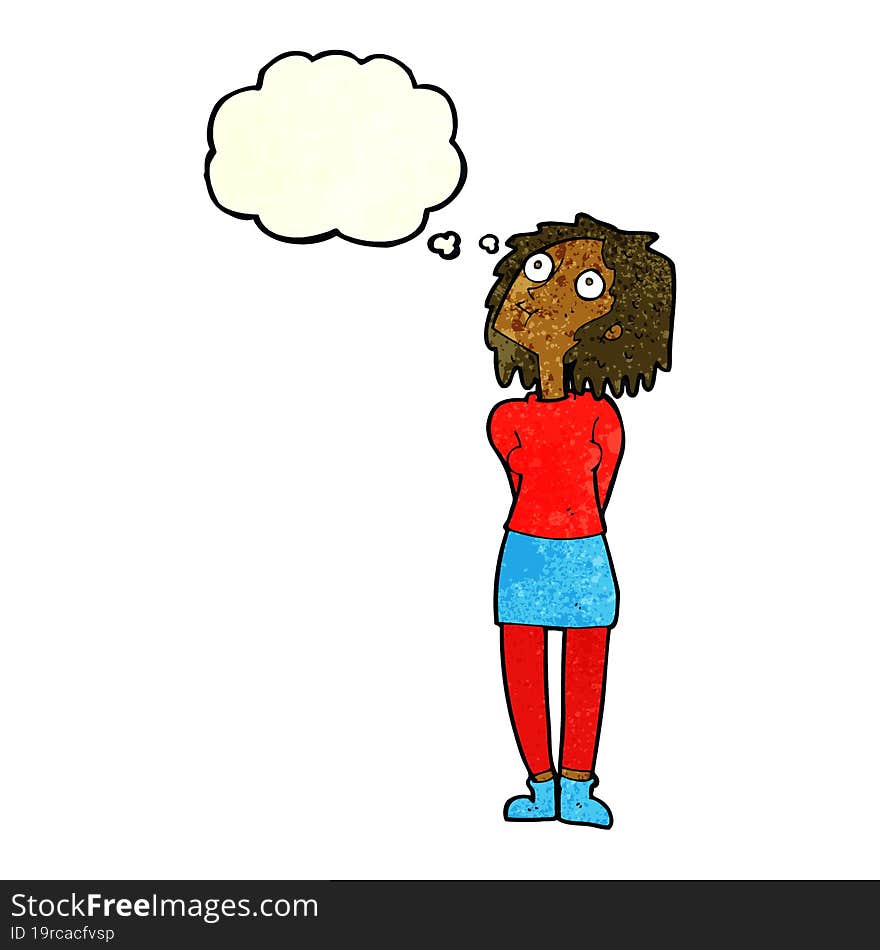 cartoon curious woman with thought bubble