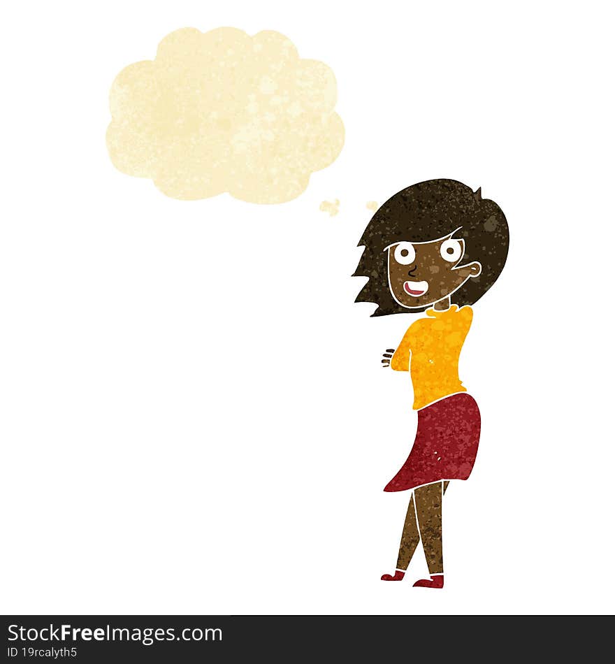 cartoon happy woman with thought bubble