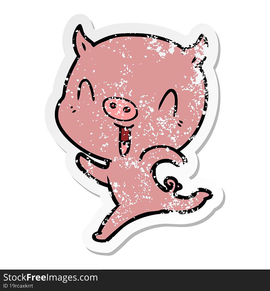 distressed sticker of a happy cartoon pig running