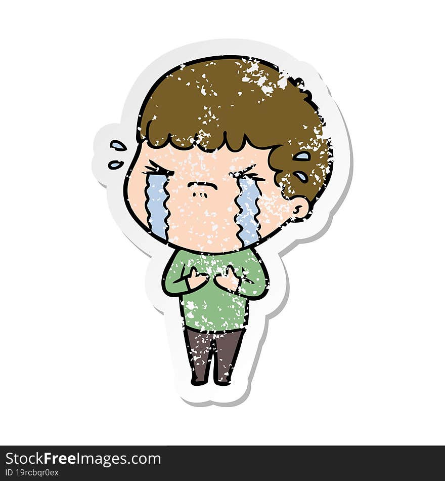 distressed sticker of a cartoon man crying