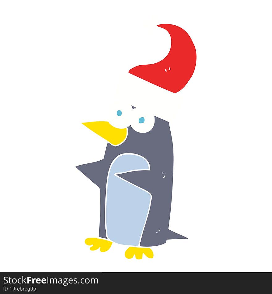 flat color illustration of a cartoon christmas penguin