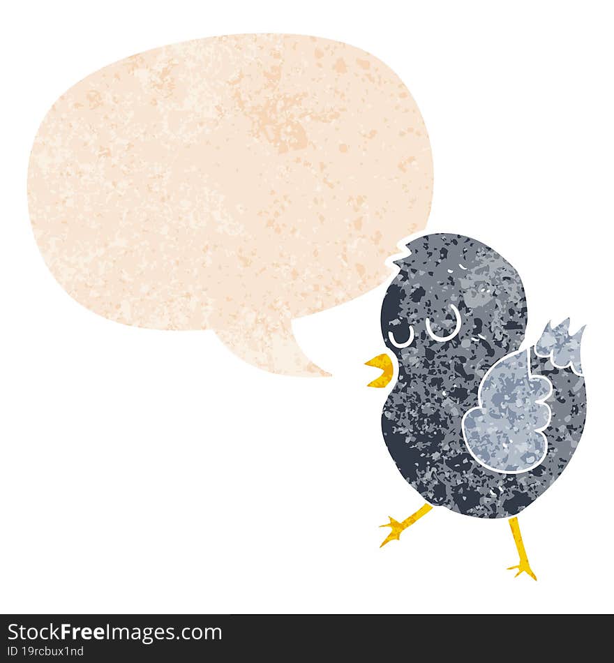 cartoon bird and speech bubble in retro textured style