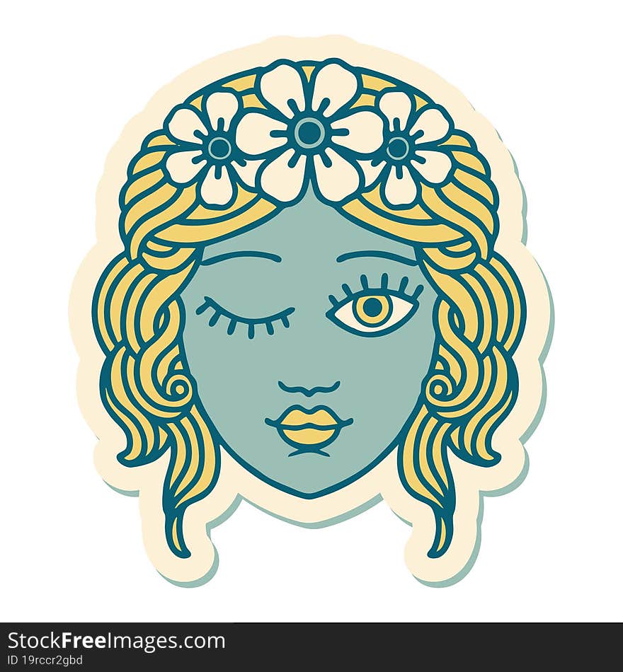 Tattoo Style Sticker Of A Maidens Face Winking