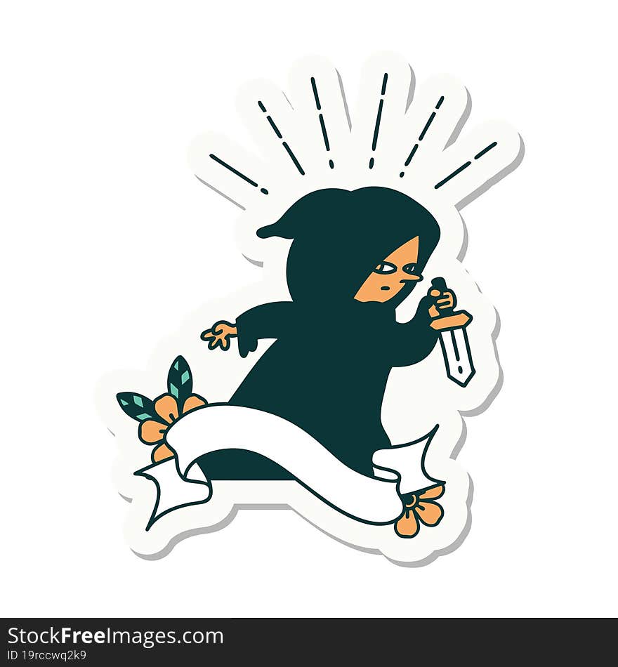 sticker of tattoo style assassin with knife