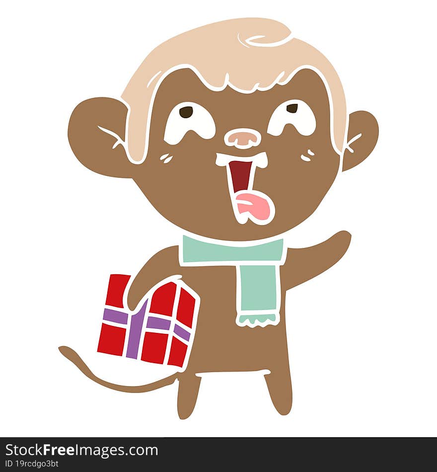 crazy flat color style cartoon monkey with christmas present