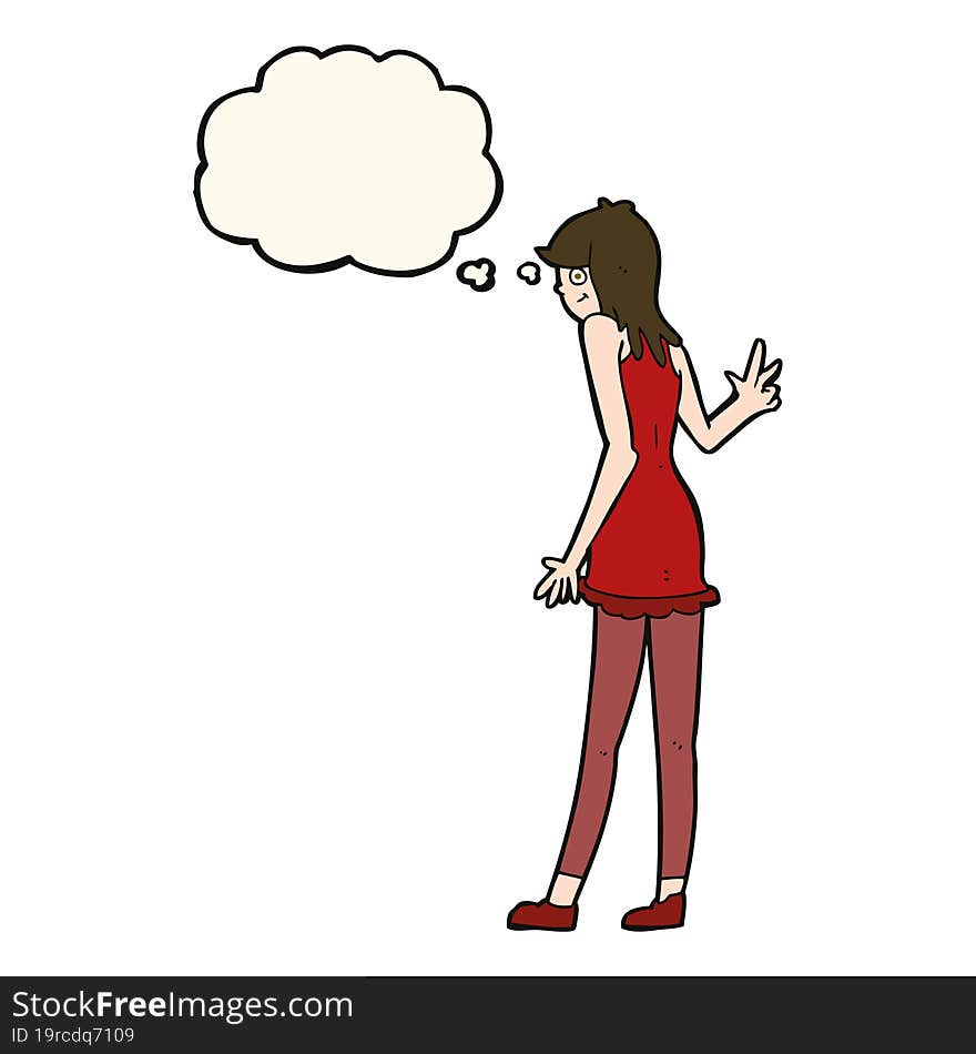 cartoon woman waving with thought bubble