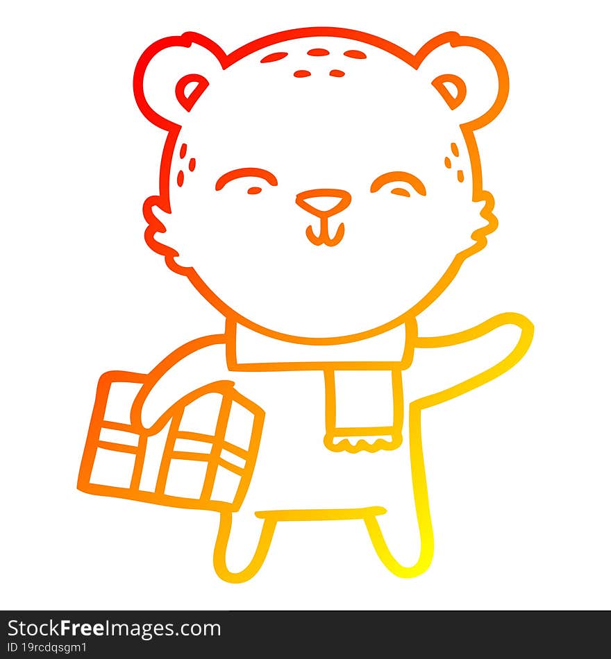 warm gradient line drawing of a happy cartoon bear with present