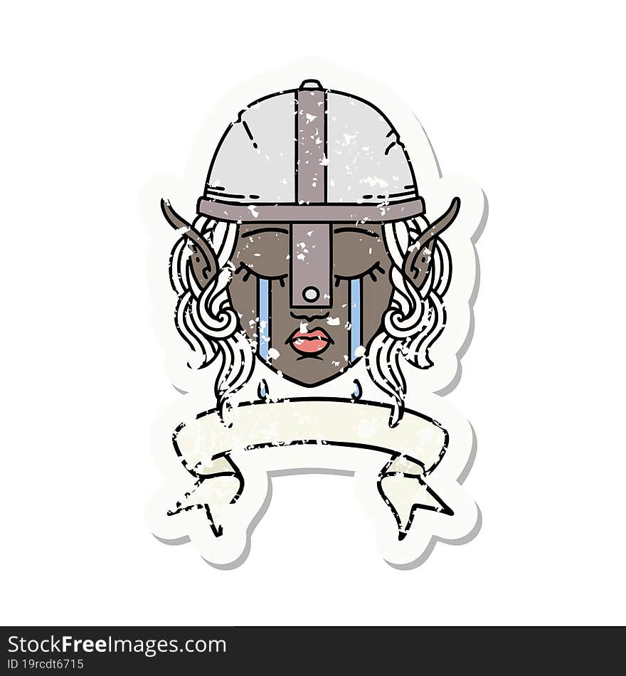 Retro Tattoo Style crying elf fighter character face with banner. Retro Tattoo Style crying elf fighter character face with banner