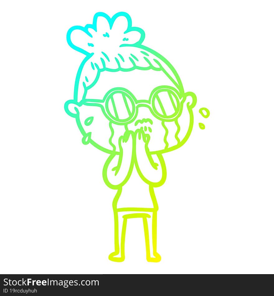 cold gradient line drawing cartoon crying woman wearing spectacles