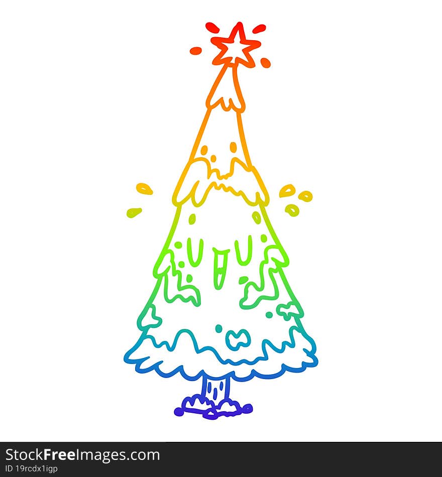 rainbow gradient line drawing of a snowy christmas tree with happy face