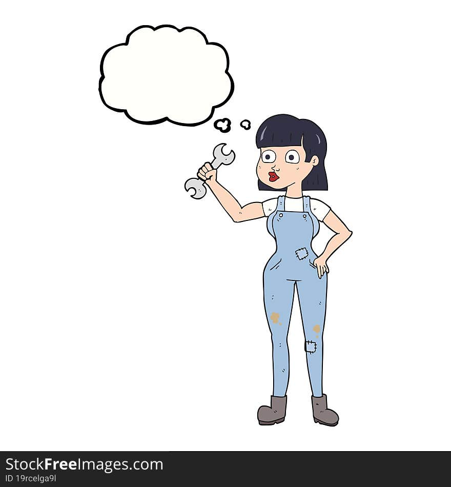 freehand drawn thought bubble cartoon mechanic woman