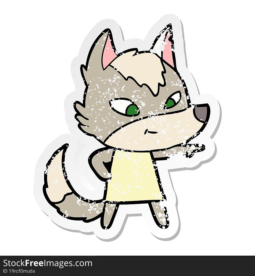 distressed sticker of a friendly cartoon wolf