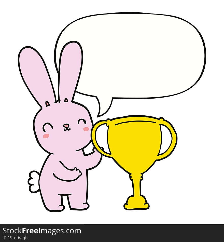 Cute Cartoon Rabbit And Sports Trophy Cup And Speech Bubble