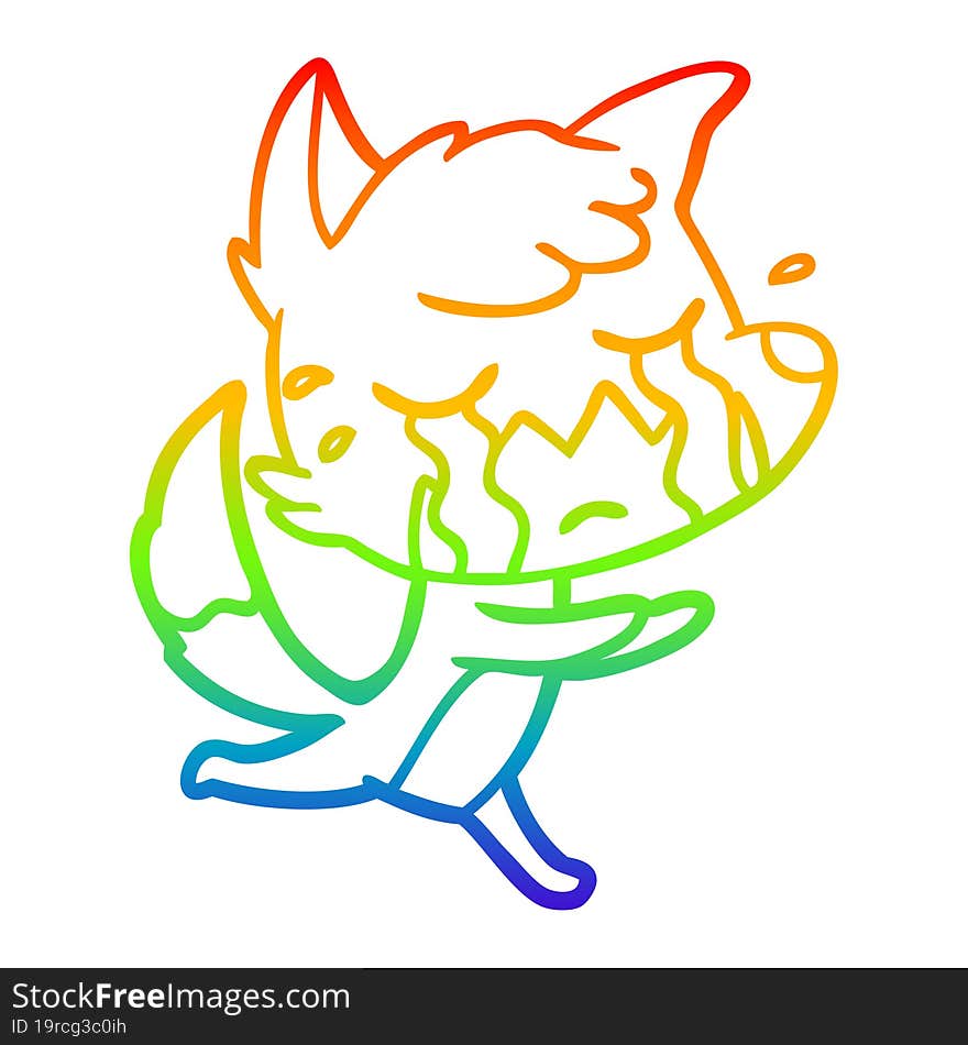 rainbow gradient line drawing of a crying fox cartoon