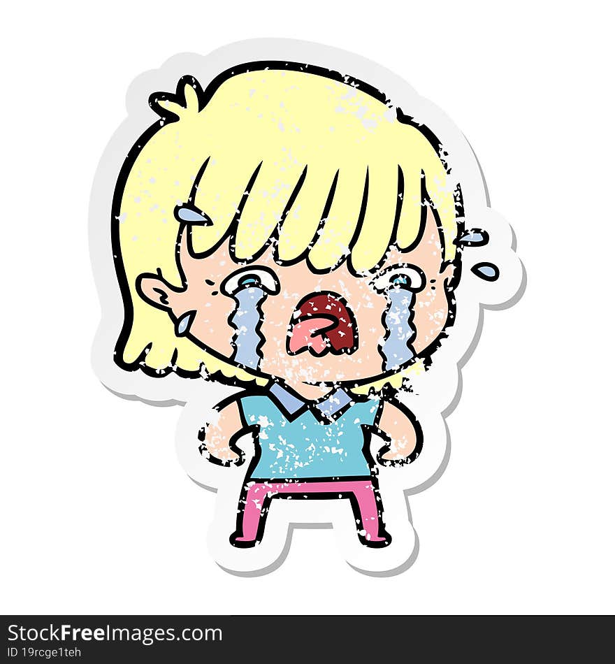 distressed sticker of a cartoon girl crying