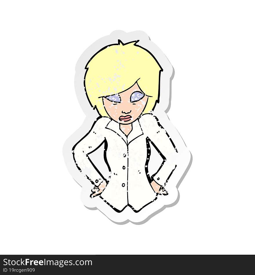 retro distressed sticker of a cartoon woman with hands on hips