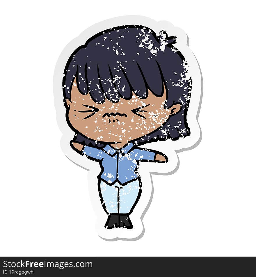 Distressed Sticker Of A Annoyed Cartoon Girl