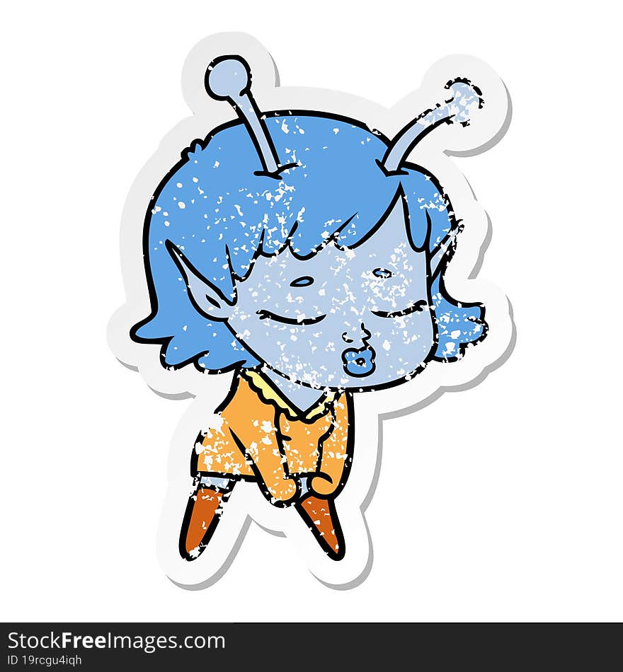 distressed sticker of a cute alien girl cartoon