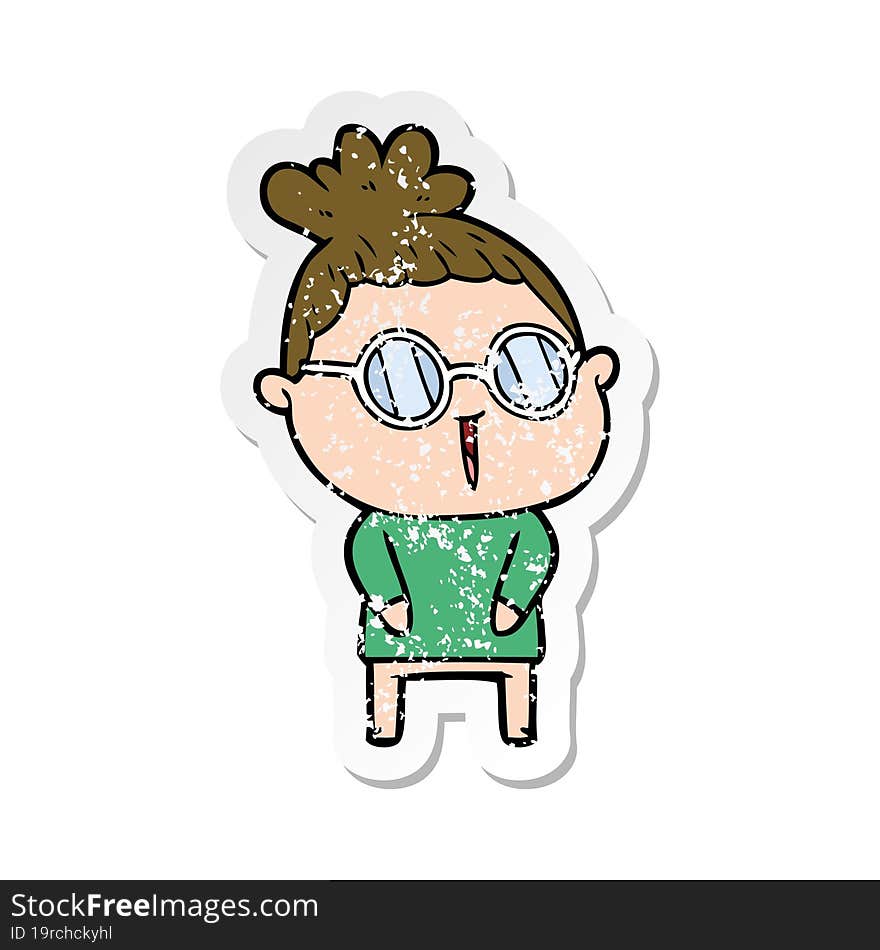 distressed sticker of a cartoon woman wearing spectacles