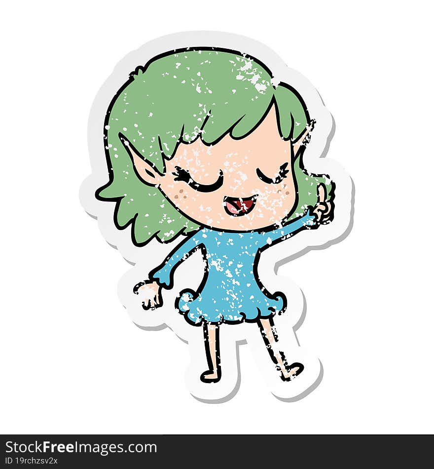 distressed sticker of a happy cartoon elf girl