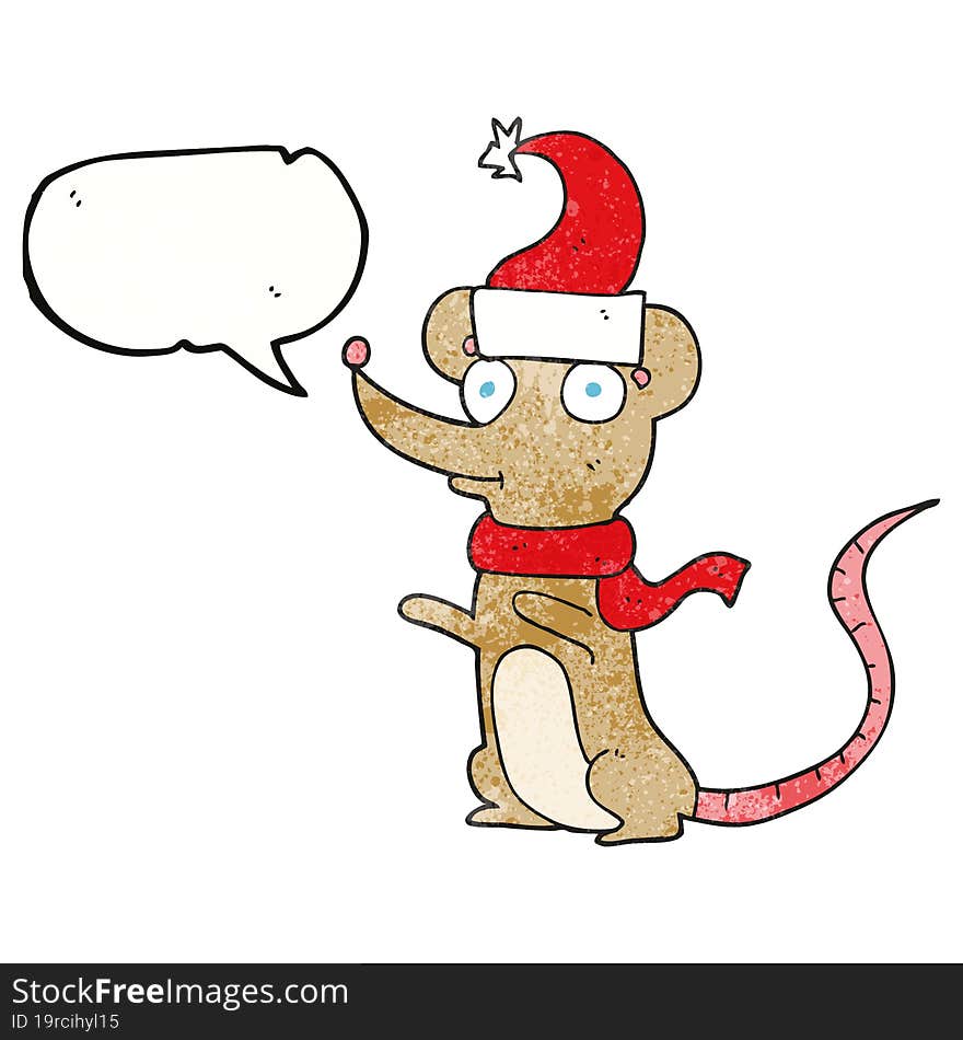 Speech Bubble Textured Cartoon Mouse Wearing Christmas Hat