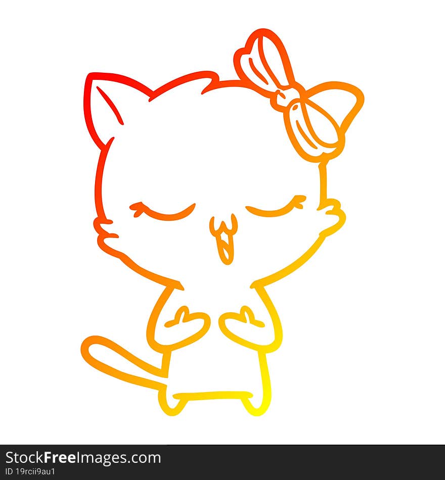 warm gradient line drawing of a cartoon cat with bow on head