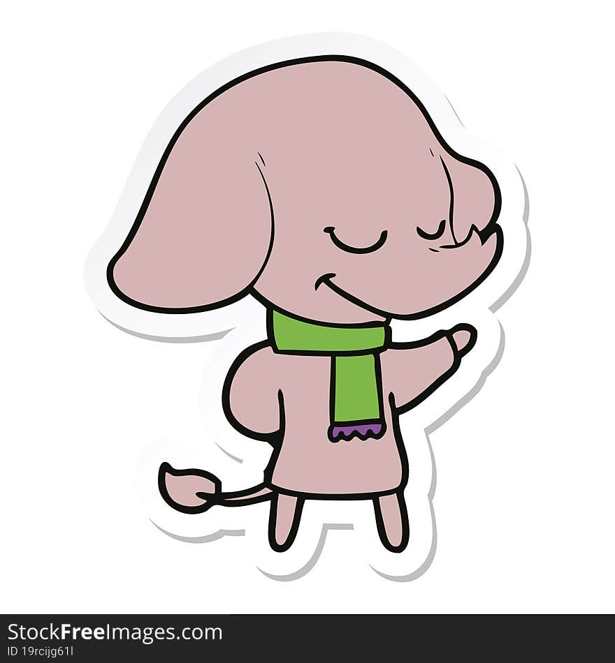 sticker of a cartoon smiling elephant wearing scarf