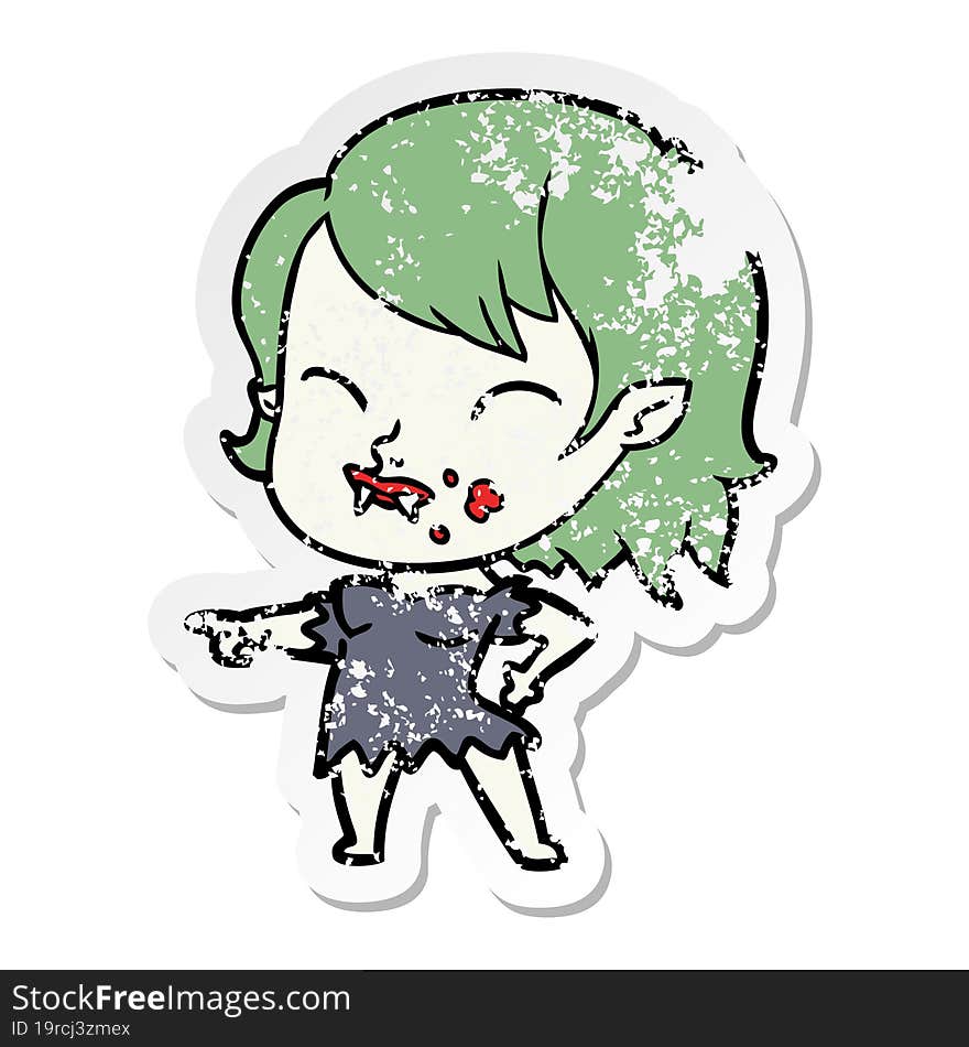 distressed sticker of a cartoon vampire girl with blood on cheek