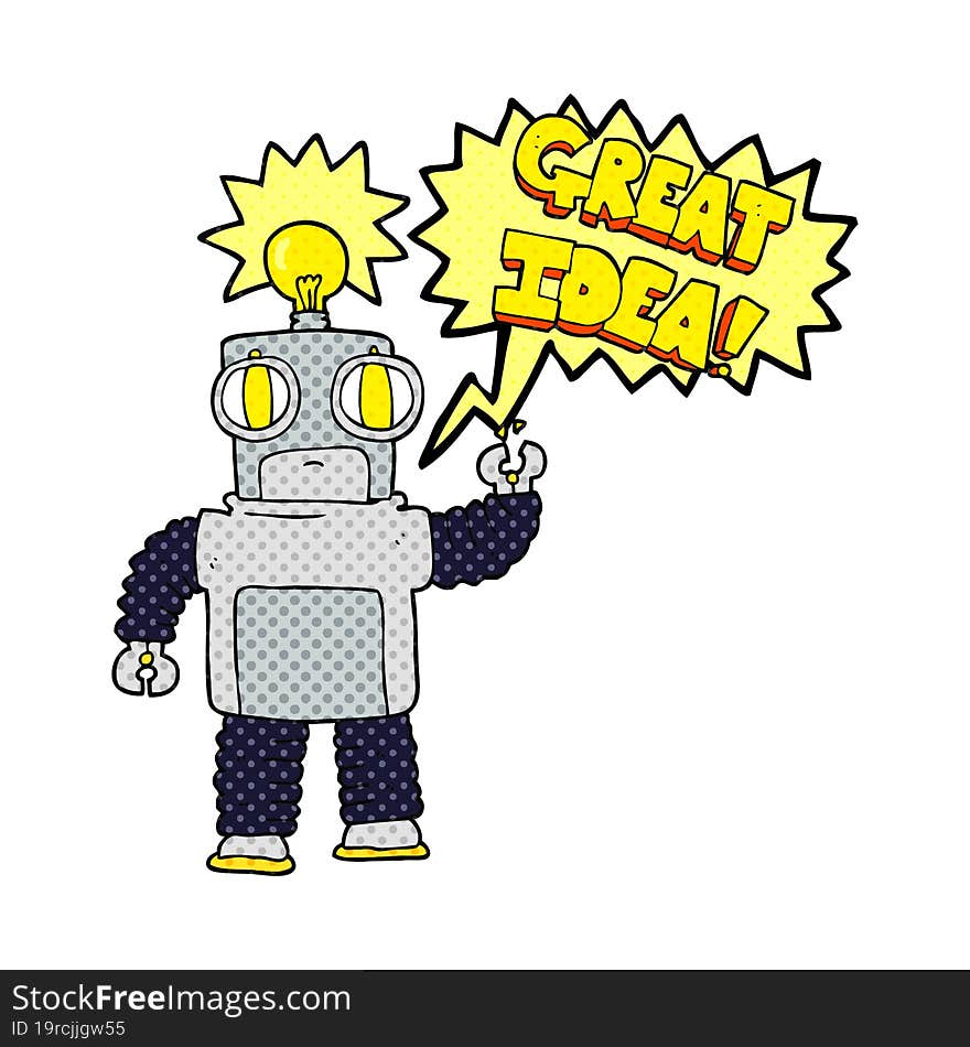 comic book speech bubble cartoon robot with great idea