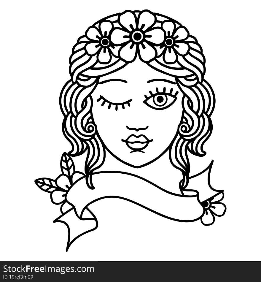 black linework tattoo with banner of a maidens face winking