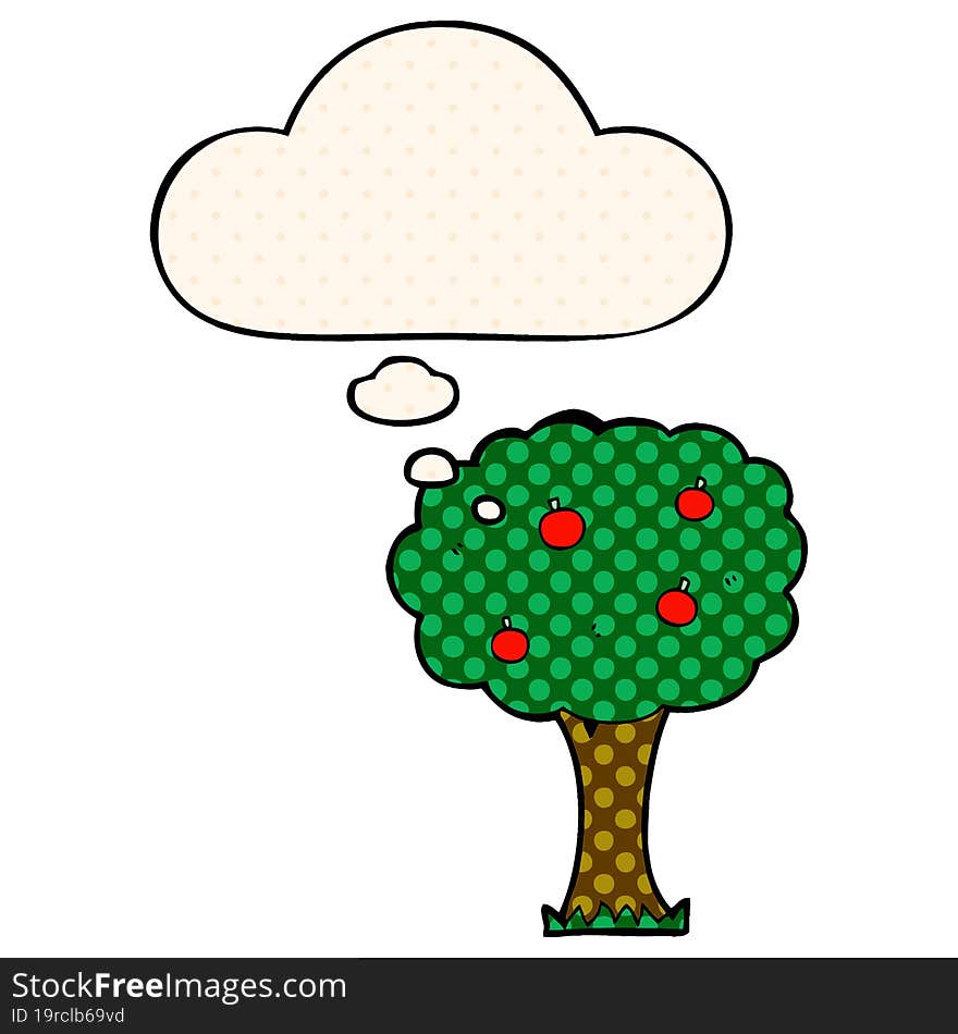 cartoon apple tree with thought bubble in comic book style