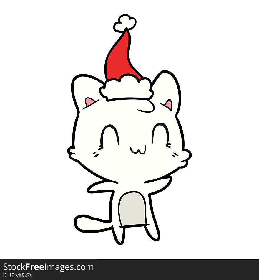 line drawing of a happy cat wearing santa hat