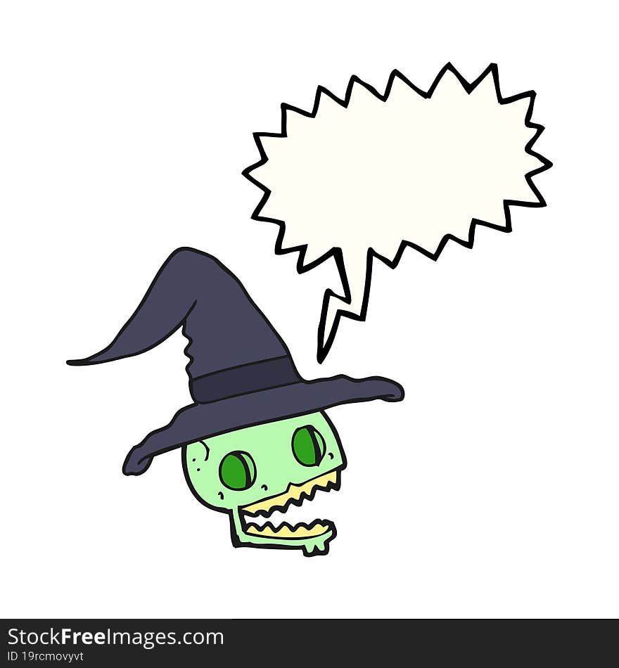 speech bubble cartoon skull wearing witch hat