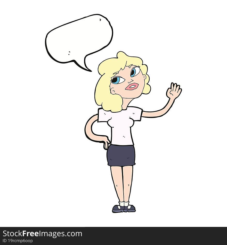 Cartoon Woman Waving  With Speech Bubble