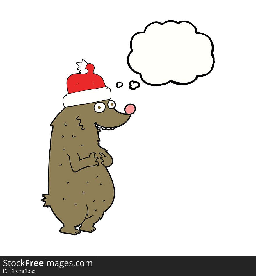 freehand drawn thought bubble cartoon bear wearing christmas hat