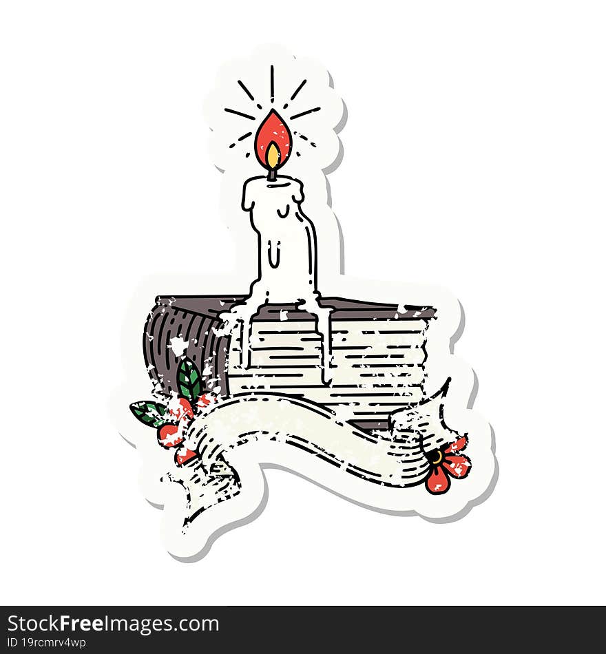 worn old sticker of a tattoo style candle melting on book. worn old sticker of a tattoo style candle melting on book