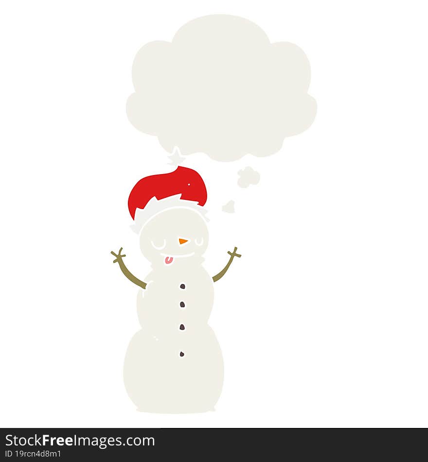 Cartoon Christmas Snowman And Thought Bubble In Retro Style