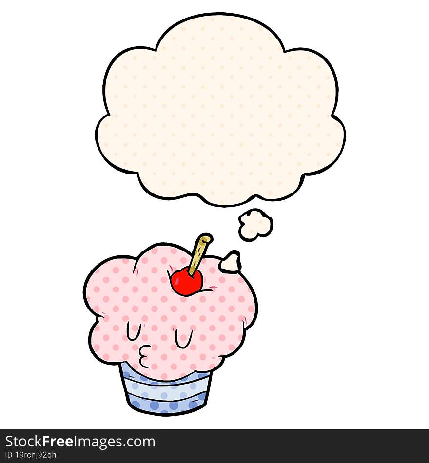 cartoon cupcake with thought bubble in comic book style