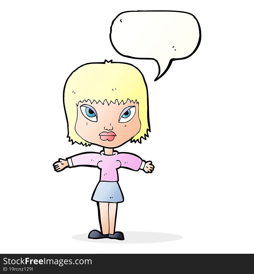 cartoon woman with outstretched arms with speech bubble