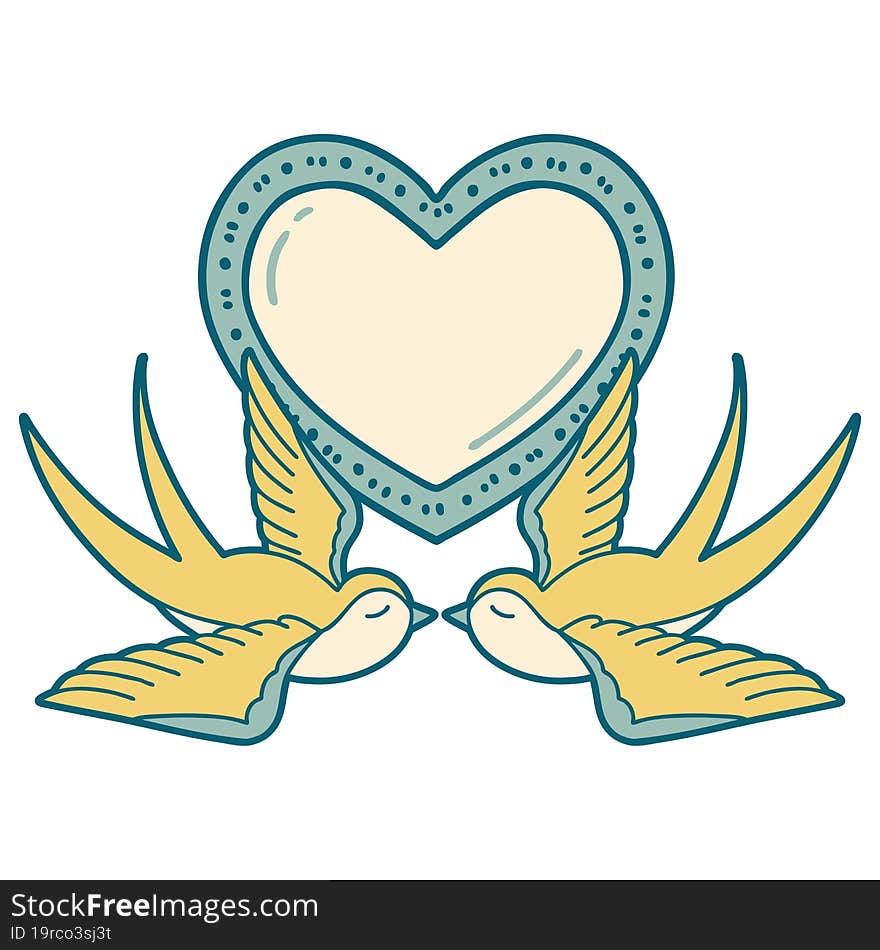 iconic tattoo style image of swallows and a heart. iconic tattoo style image of swallows and a heart