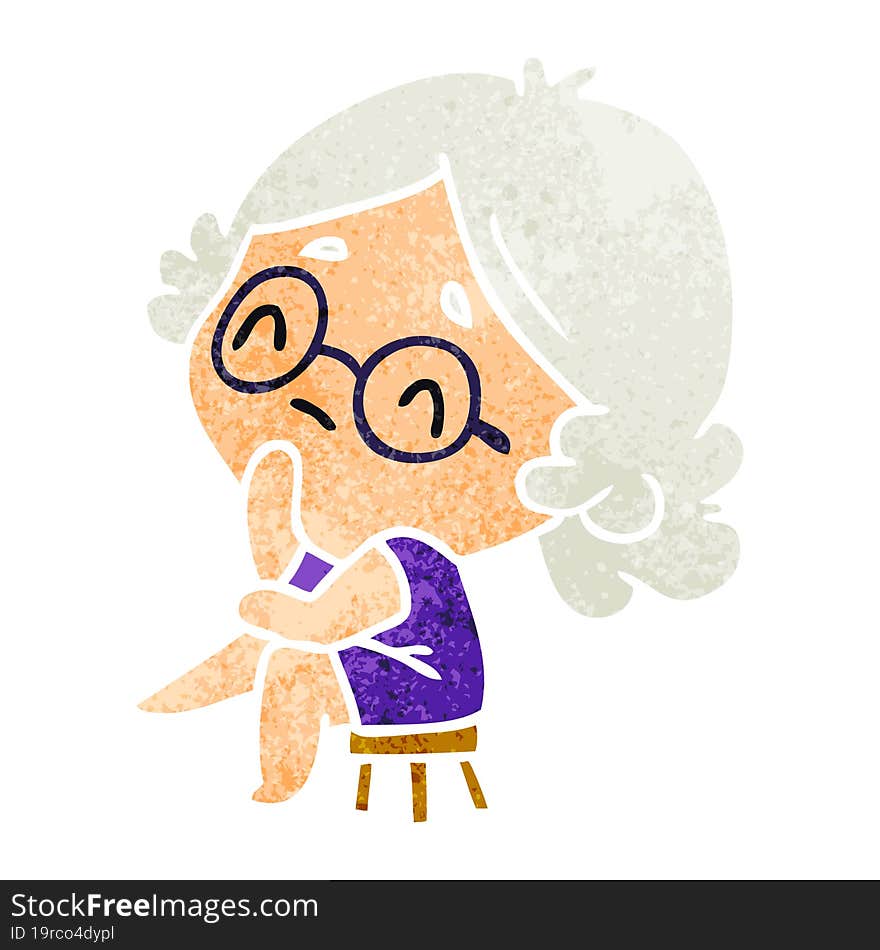 retro cartoon illustration of a cute kawaii lady thinking. retro cartoon illustration of a cute kawaii lady thinking